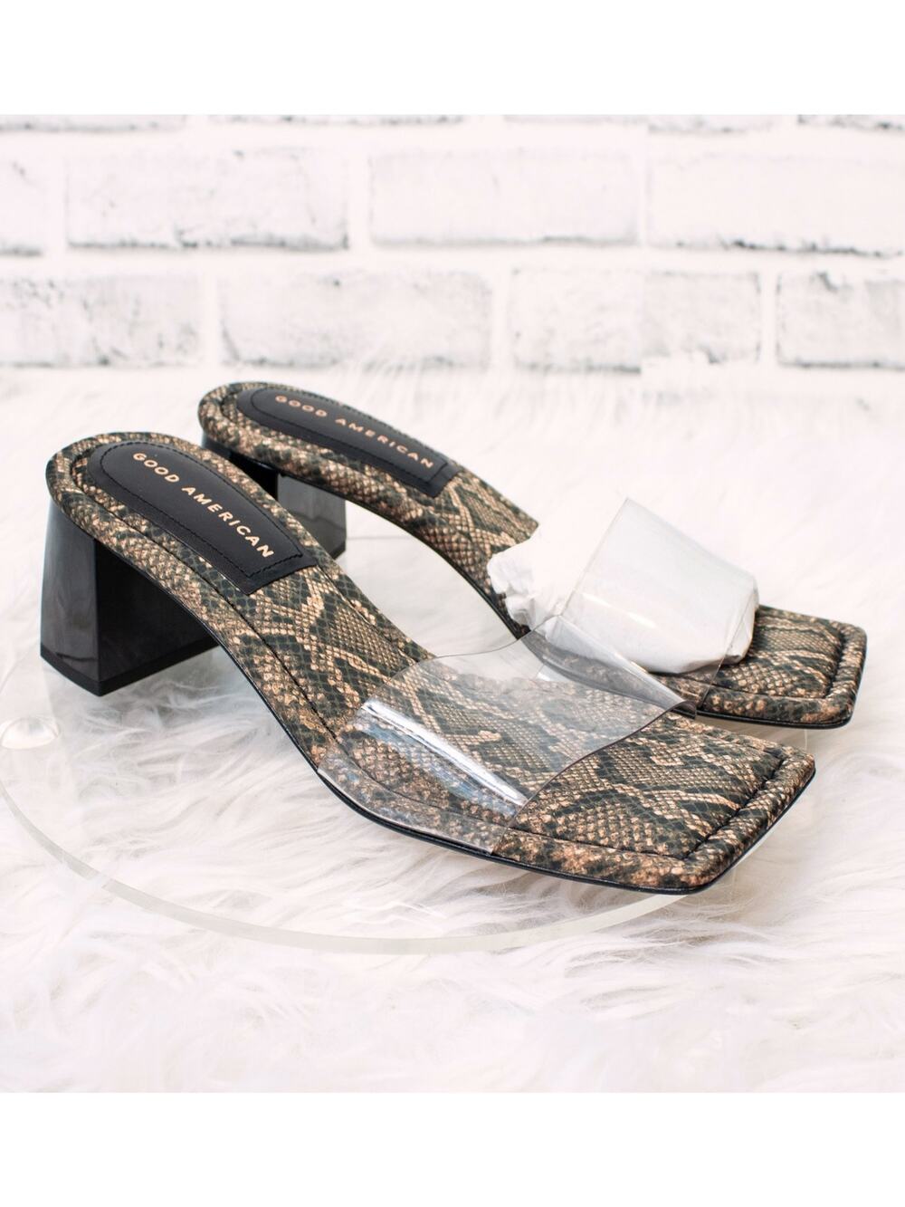 Good American Slip On Block Heel Sandals Size 7 Clear Chunky Heels Square Toe
